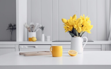Minimalistic kitchen with vibrant yellow mug and daffodils on white table
