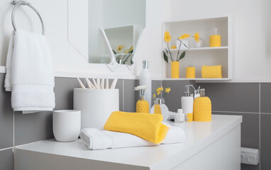 Sleek bathroom vanity with yellow towels and white amenities for a crisp look.