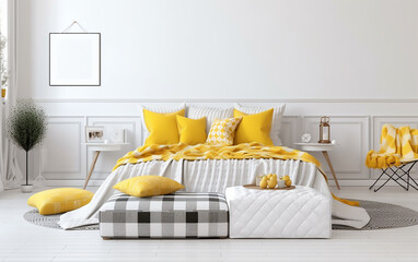 Bedroom with yellow gingham bedding and a cozy nook, inviting a restful slumber.