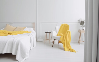 Fototapeta na wymiar Peaceful bedroom view with a bright yellow draped chair and soft natural light.