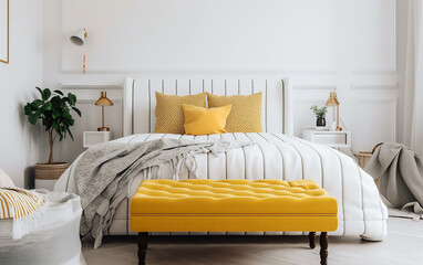 Chic bedroom featuring a yellow bench at the foot of the bed and neutral tones.