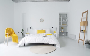 Fototapeta na wymiar Minimalist bedroom with yellow accents and a spacious, modern design.