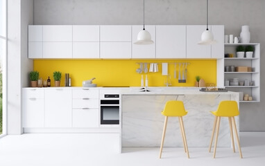 Modern kitchen in white with a vibrant yellow backsplash and bar stools, creating a fresh and lively space.