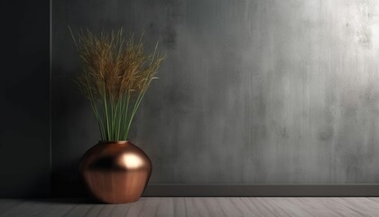 Fototapeta na wymiar Empty interior background of room with gray stucco or concrete wall. Decorative copper vase with grass. 3d rendering, Generative IA