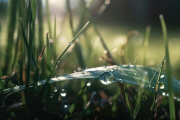 A beautiful large drop of morning dew in the grass sparkles in the rays of sunlight outdoors in nature. AI generated