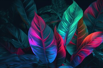 Creative fluorescent color layout made of tropical leaves. Flat lay neon colors. AI generated