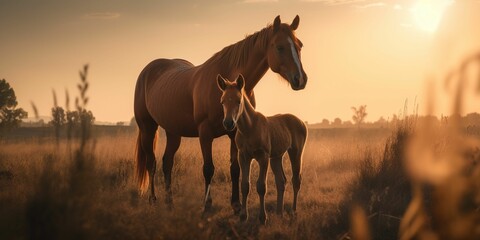 
Mare with its colt , mother love, in beautiful grassland at colorful cinematic sunset, Generative IA