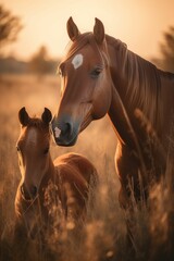 
Mare with its colt , mother love, in beautiful grassland at colorful cinematic sunset, Generative IA - obrazy, fototapety, plakaty