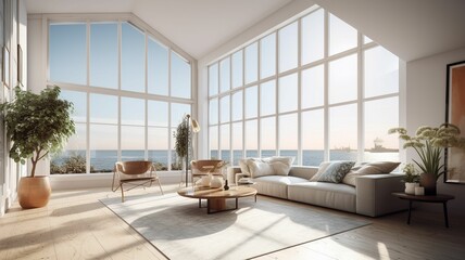 Plakat photographic rendering of a modern living room of a seaside house with a large window overlooking the ocean, very bright room with natural lighting coming from a skylight, Generative IA