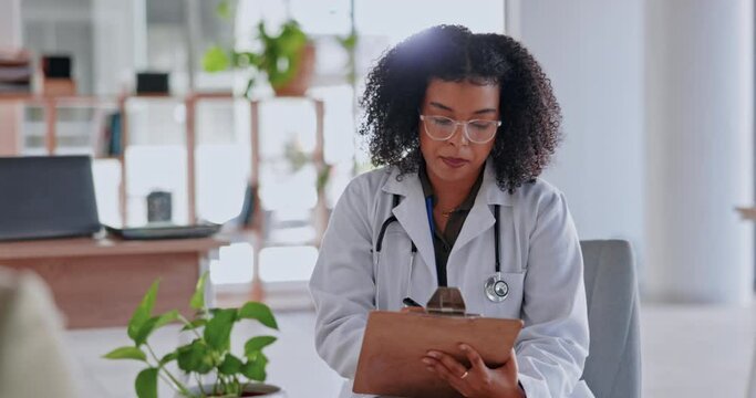 Woman, doctor consultation and patient with checklist, writing and conversation for advice in clinic. Medic, discussion and consulting with medical, healthcare and wellness talk in hospital office