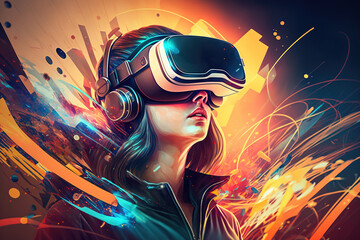 Fototapeta na wymiar Realistic illustration of a young girl wearing modern virtual reality glasses with bright colorful background in digital art style. AI generated