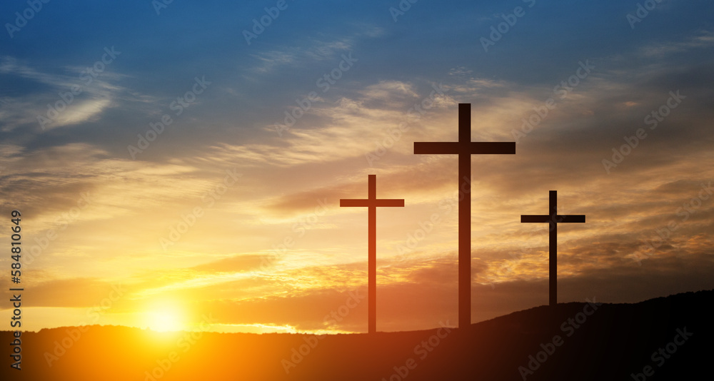 Wall mural Christian crosses on hill outdoors at sunrise. Resurrection of Jesus. - Wall murals