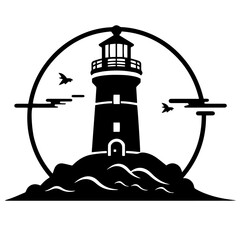 Lighthouse on the island vector. Lighthouse tattoo.