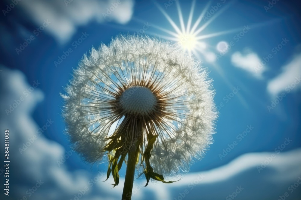 Wall mural dandelion against blue sky, with clouds and sun, created with generative ai