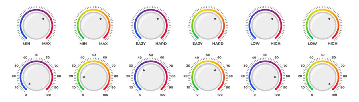 Adjustment dial. Volume level knob with round scale. Volume level handle. Vector illustration.