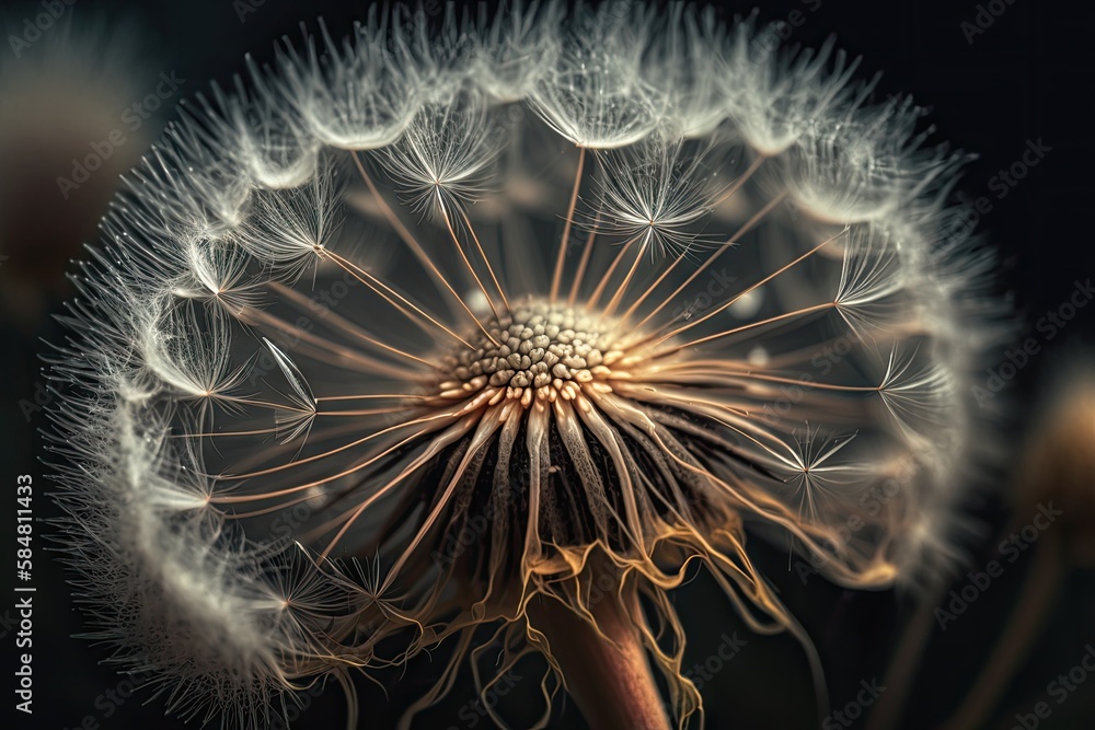 Poster dandelion seed head in close-up with its delicate and feathery seeds, created with generative ai