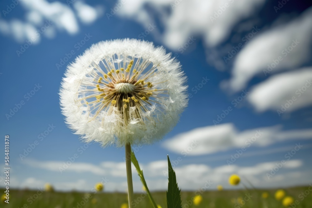 Poster dandelion growing in meadow, with blue sky and fluffy clouds in the background, created with generat