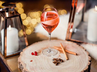 A glass of rose wine at Christmas 