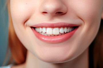  Close up woman detail healthy white teeth, beige lipstick. Generative AI