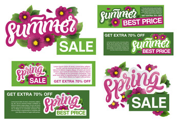 Spring sale and Summer sale vector banner template with pink flowers elements like daisy in the background and spring season discount promotional text in white frame. Sale banner tag.