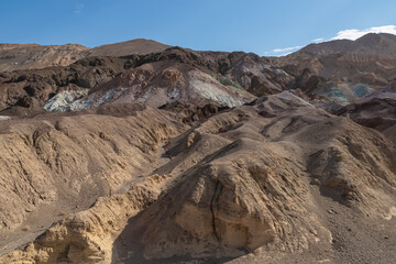 Scenic view of colorful geology of multi hued Amargosa Chaos rock formations in Death Valley National Park, Furnace Creek, California, USA. Barren desert landscape of Artist Palette in Black mountains