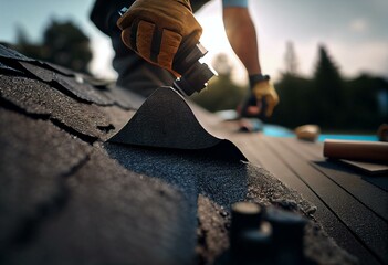A asphalt shingles installation on the roof roofer is nailing asphalt shingles to roofing construction. Generative AI - obrazy, fototapety, plakaty