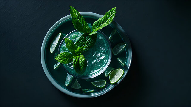 Top view of refreshing mint cocktail mojito.