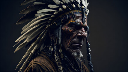 an old American Indian chief, semi-profile, wrinkled face, bright brown eyes, weathered skin, highly detailed, war paint, war bonnet. - obrazy, fototapety, plakaty