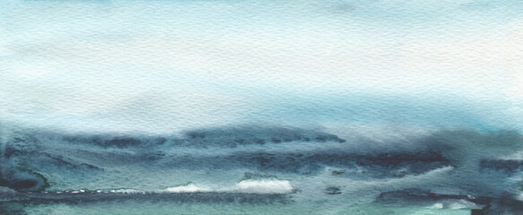 Abstract blue watercolor and ink landscape blot painting background. Texture horizontal long paper.