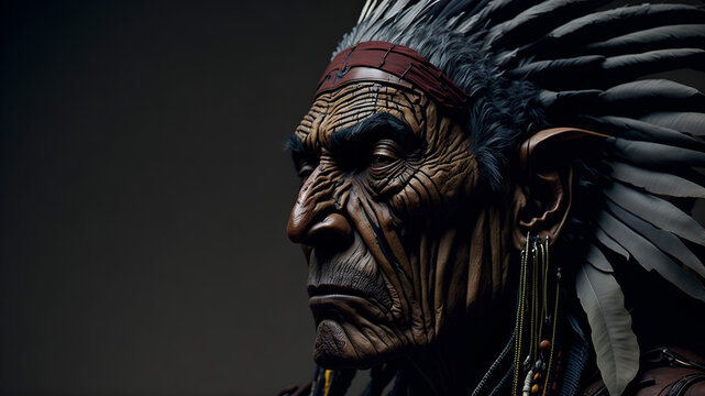 an old American Indian chief, semi-profile, wrinkled face, bright brown eyes, weathered skin, highly detailed, war paint, war bonnet.
