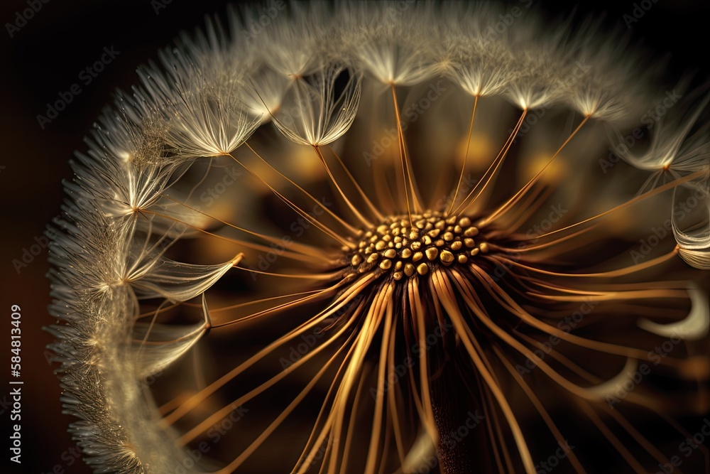 Wall mural close-up of dandelion seed head, with seeds ready to scatter, created with generative ai