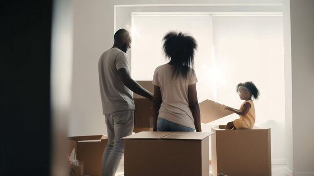 Family New Home Moving in: Happy and Excited Young Couple Enter Newly Purchased Apartment. Beautiful Family Happily Embracing. Modern Home Ready for Decorations. Mortgage Loan, GENERATIVE AI