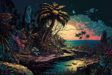 Dreamy vintage dark tropical nature sunset palm jungle rainforest magic background illustration Generative AI