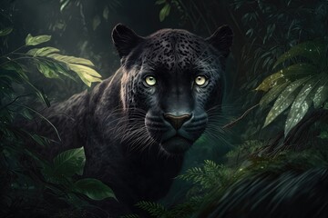 Black panther wild animal dark tropical nature jungle rainforest wildlife background illustration Generative AI