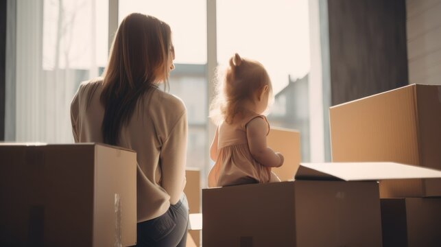 Young family carrying big cardboard box at new home. Moving house. GENERATIVE AI