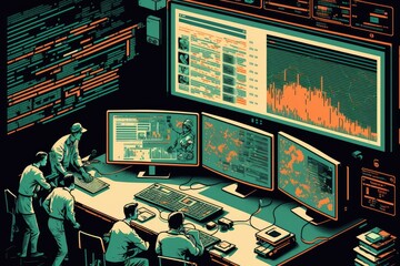 data mining operation, with teams of data miners analyzing massive amounts of structured and unstructured data, created with generative ai