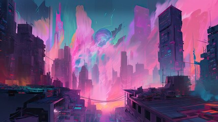 Glitched Cyberpunk Cityscape at Night Created with Generative AI