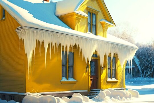 Bright Yellow House And Large Icicle House Hanging From Roof, Created With Generative Ai