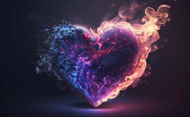 pink heart in blue fire in abstract colour.