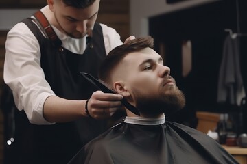 Barber hairdresser doing haircut of beard. Beard grooming. Barber shaving bearded male with a sharp razor. Professional barber styling hair of his client. Generativу AI