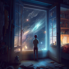 Fototapeta premium A man stands in front of an open window and looks into space.