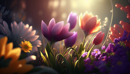 Obraz na płótnie Canvas spring flowers in the forest under the sun