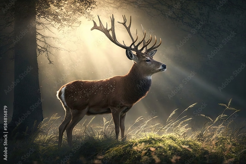 Sticker deer stands in serene meadow, with sunbeams shining down on its antlers, created with generative ai