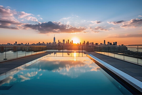 luxury penthouse high-class real estate with a breathtaking skyline view. It features an infinity pool and a terrace with stunning panoramic views - Generative AI