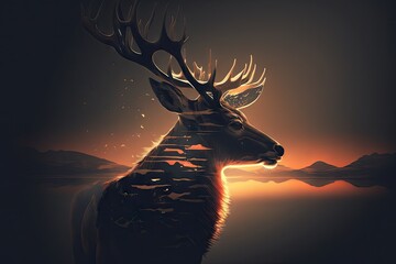 majestic head of deer turned away from the sun, looking toward the light, created with generative ai