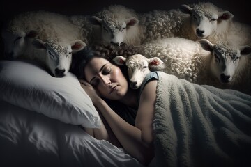 Illustration einer Frau zum Schafe zählen. Spruch, wenn man nicht einschlafen kann, soll man Schafe zählen. Generativ KI  - obrazy, fototapety, plakaty