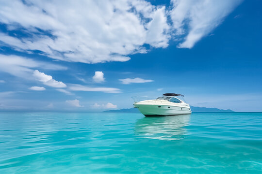 Luxurious motor boat in turquoise ocean water against blue sky with white clouds and tropical island. Tropical beach with turquoise water, summer holidays vacation. generative ai