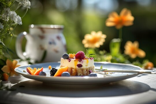 delicious spring dessert garnished with fruits and flowers in front of a sunny garden bokeh, food photography, generative ai