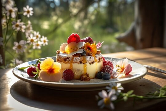 delicious spring dessert garnished with fruits and flowers in front of a sunny garden bokeh, food photography, generative ai