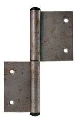 Old metal door hinge in a household. Isolated background.